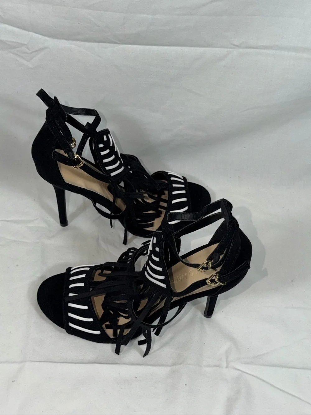 Wild Diva Lounge NWOT Black Fringe Heels Strappy Stiletto Caged Sandals Size 8